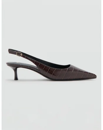 Pantofi slingback de piele ecologica cu model piele de reptila, Maro inchis