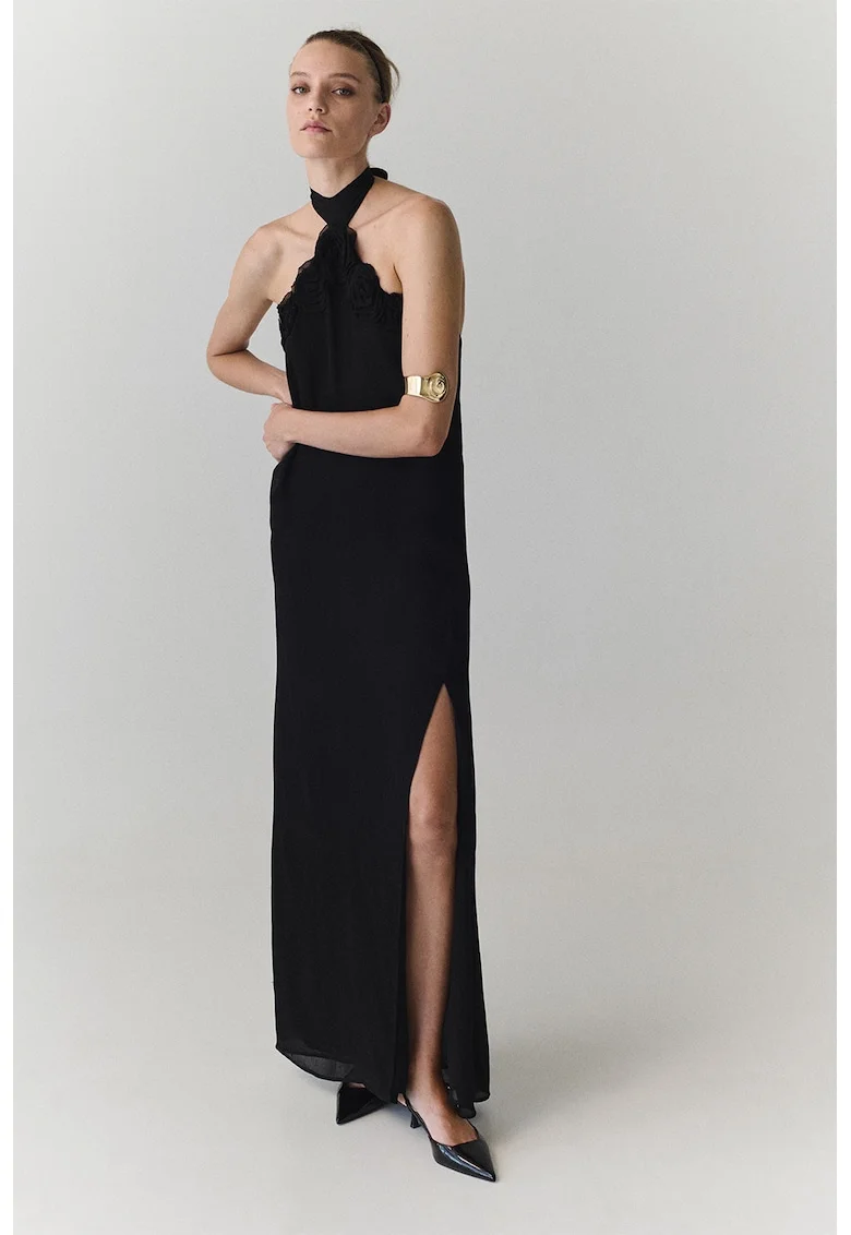 Rochie halter cu aplicatie florala, Negru