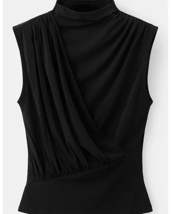 Top drapat cu model uni, Negru carbon