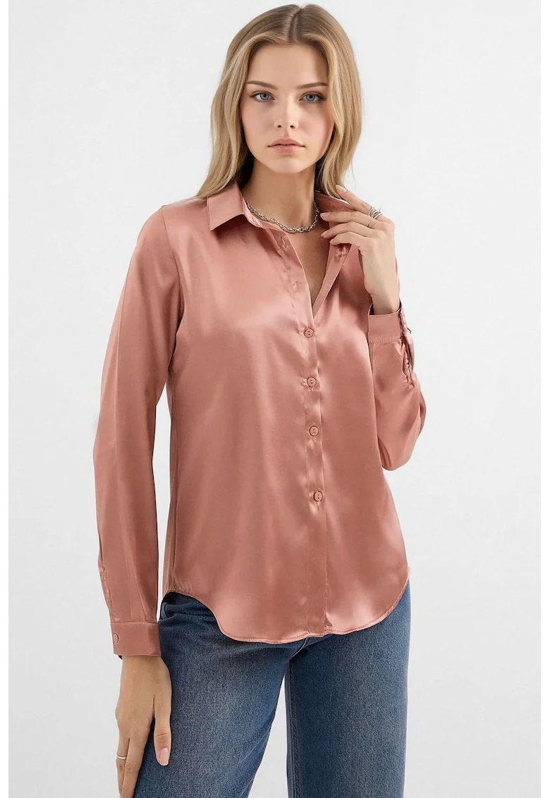 Camasa dama, HiCCUP, camasa cu maneca lunga, satin, maro camel