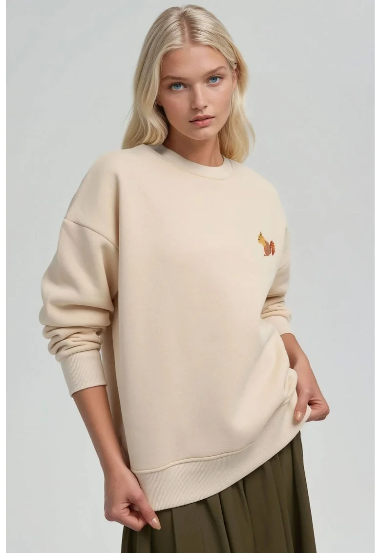 Hanorac dama  confortabil, brodat cu model animal, crem, bumbac