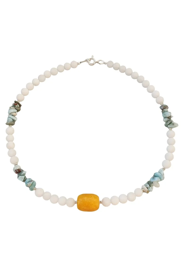 Colier din pietre de jad alb, jad galben si larimar cu argint 925, 40 cm