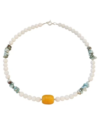 Colier din pietre de jad alb, jad galben si larimar cu argint 925, 40 cm
