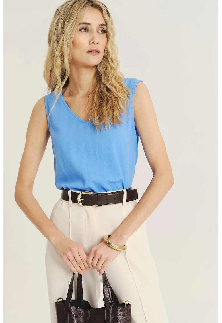 Top din amestec de in cu decolteu in V, Albastru cobalt