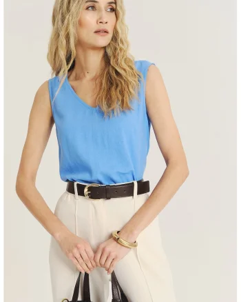 Top din amestec de in cu decolteu in V, Albastru cobalt