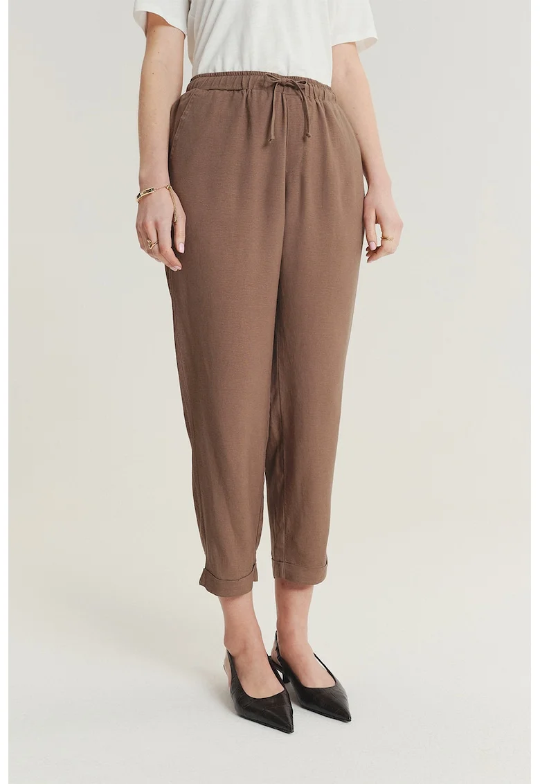 Pantaloni din amestec de in cu snur in talie, Maro cognac