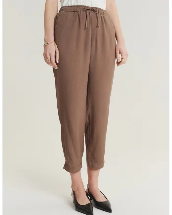 Pantaloni din amestec de in cu snur in talie, Maro cognac