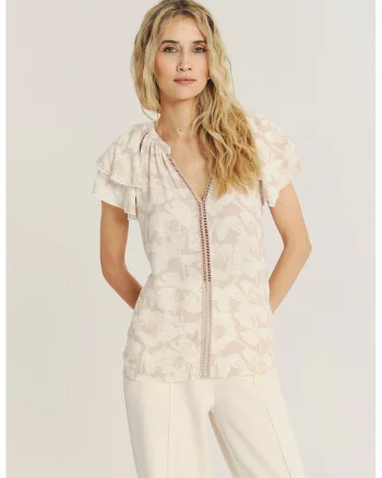 Bluza tunica cu maneci cu volane, Alb fildes