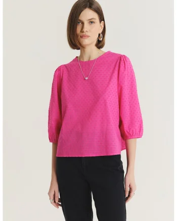 Bluza de bumbac cu maneci trei sferturi, Fucsia