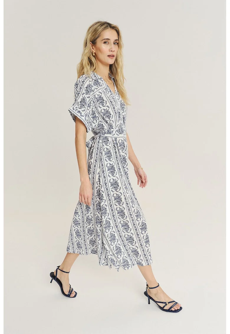 Rochie midi cu snur in talie, Alb/Albastru ultramarin