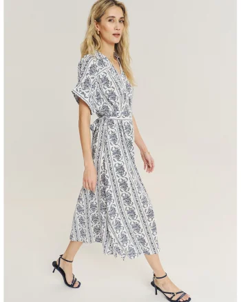 Rochie midi cu snur in talie, Alb/Albastru ultramarin