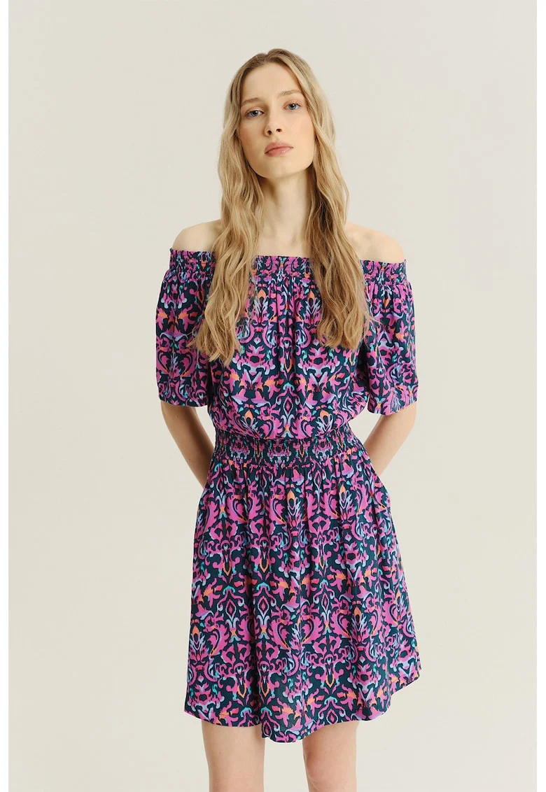 Rochie cu decolteu pe umar si model, Multicolor