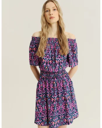 Rochie cu decolteu pe umar si model, Multicolor