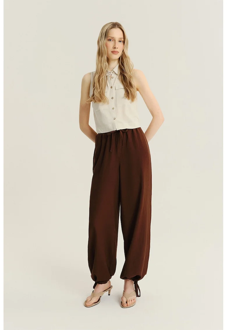 Pantaloni relaxed fit cu snur, Maro inchis