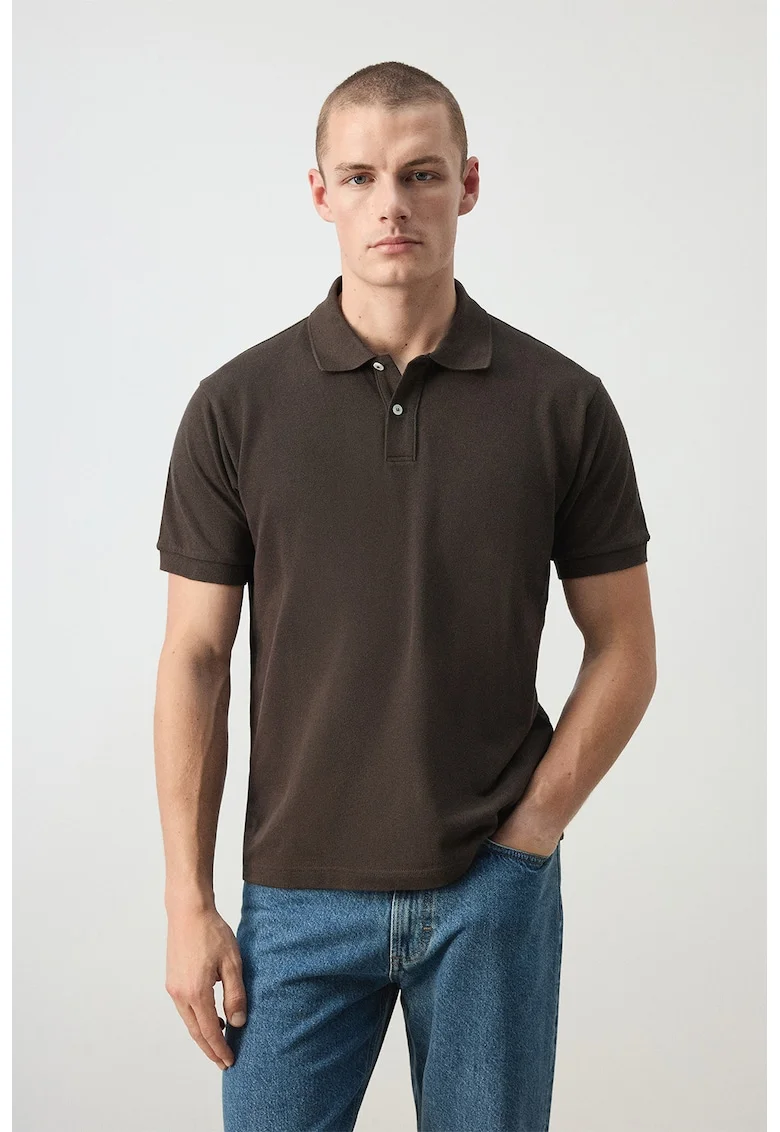 Tricou polo uni de bumbac, Maro taupe inchis