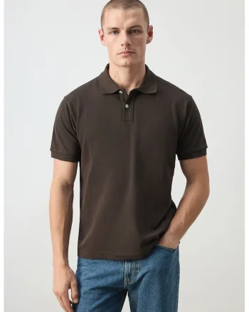 Tricou polo uni de bumbac, Maro taupe inchis