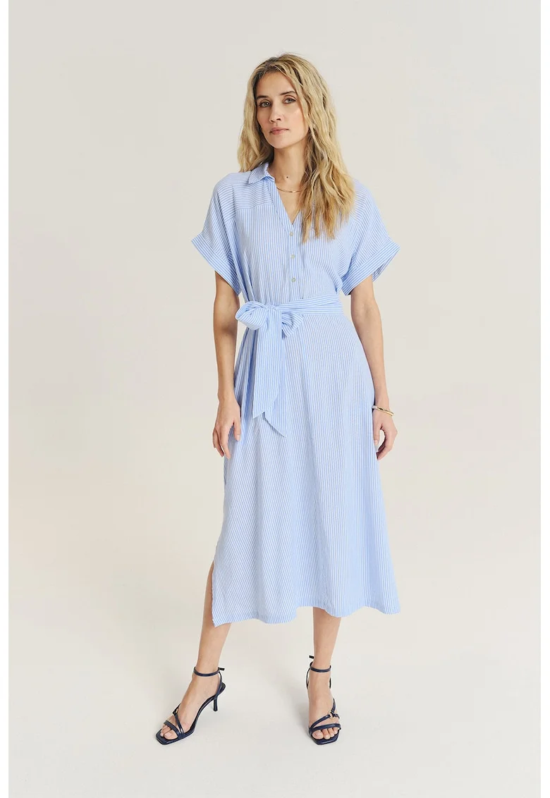 Rochie midi cu snur in talie, Alb/Albastru azur