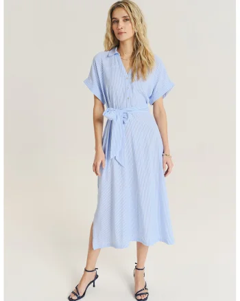 Rochie midi cu snur in talie, Alb/Albastru azur