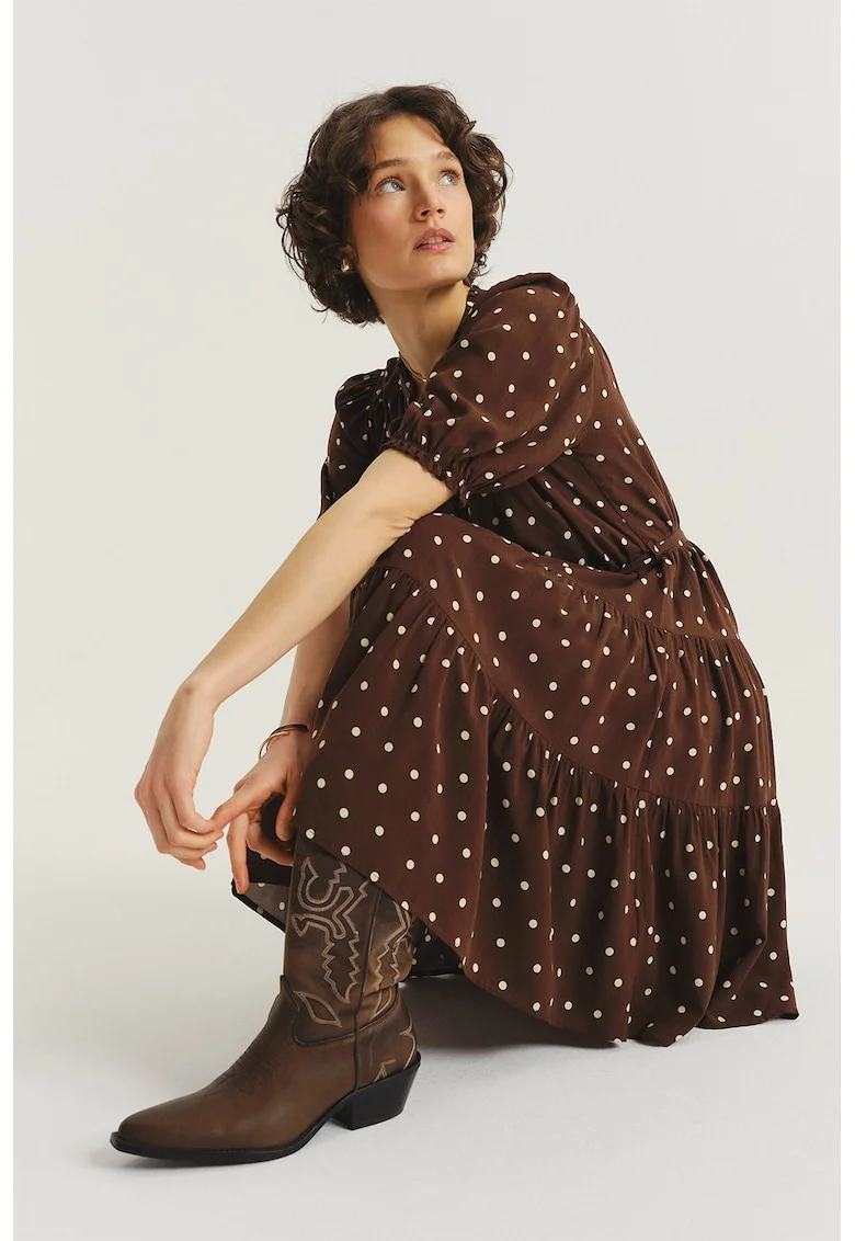 Rochie-camasa tunica cu snur in talie, Alb/Maro inchis