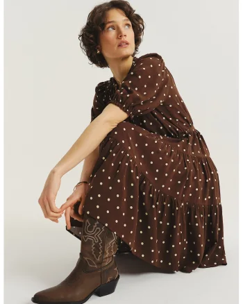 Rochie-camasa tunica cu snur in talie, Alb/Maro inchis