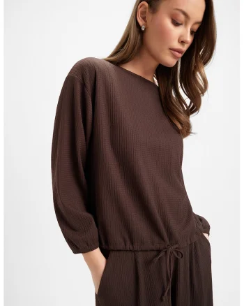 Bluza texturata cu maneci 3/4, Maro inchis