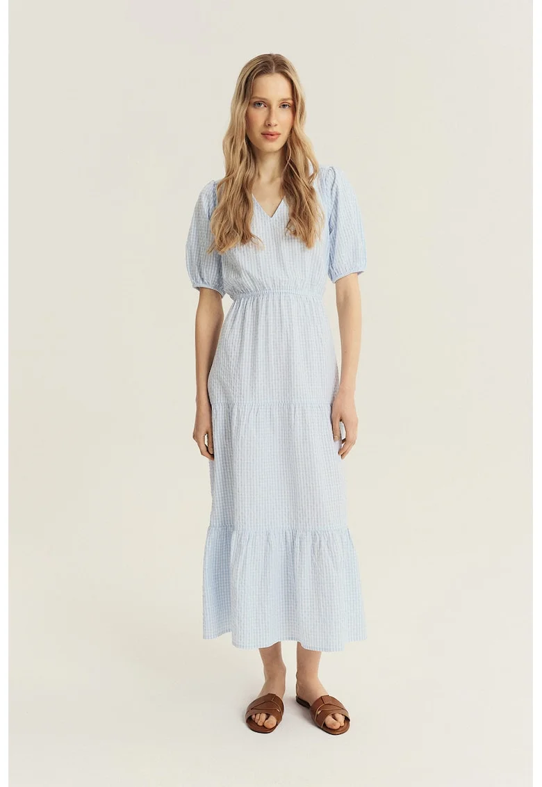 Rochie stratificata cu maneci bufante, Alb/Albastru pal