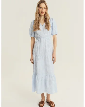 Rochie stratificata cu maneci bufante, Alb/Albastru pal