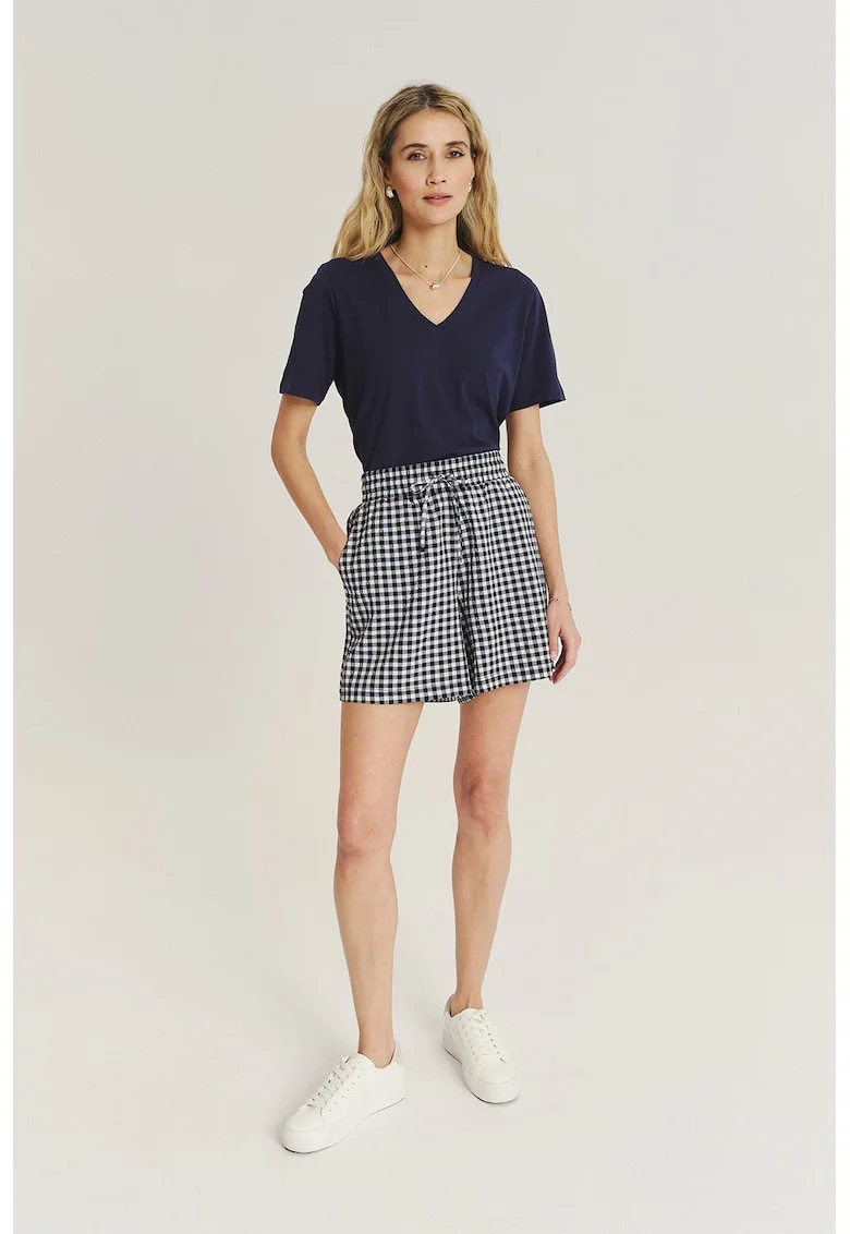 Pantaloni scurti cu talie inalta si snur, Alb/Albastru inchis