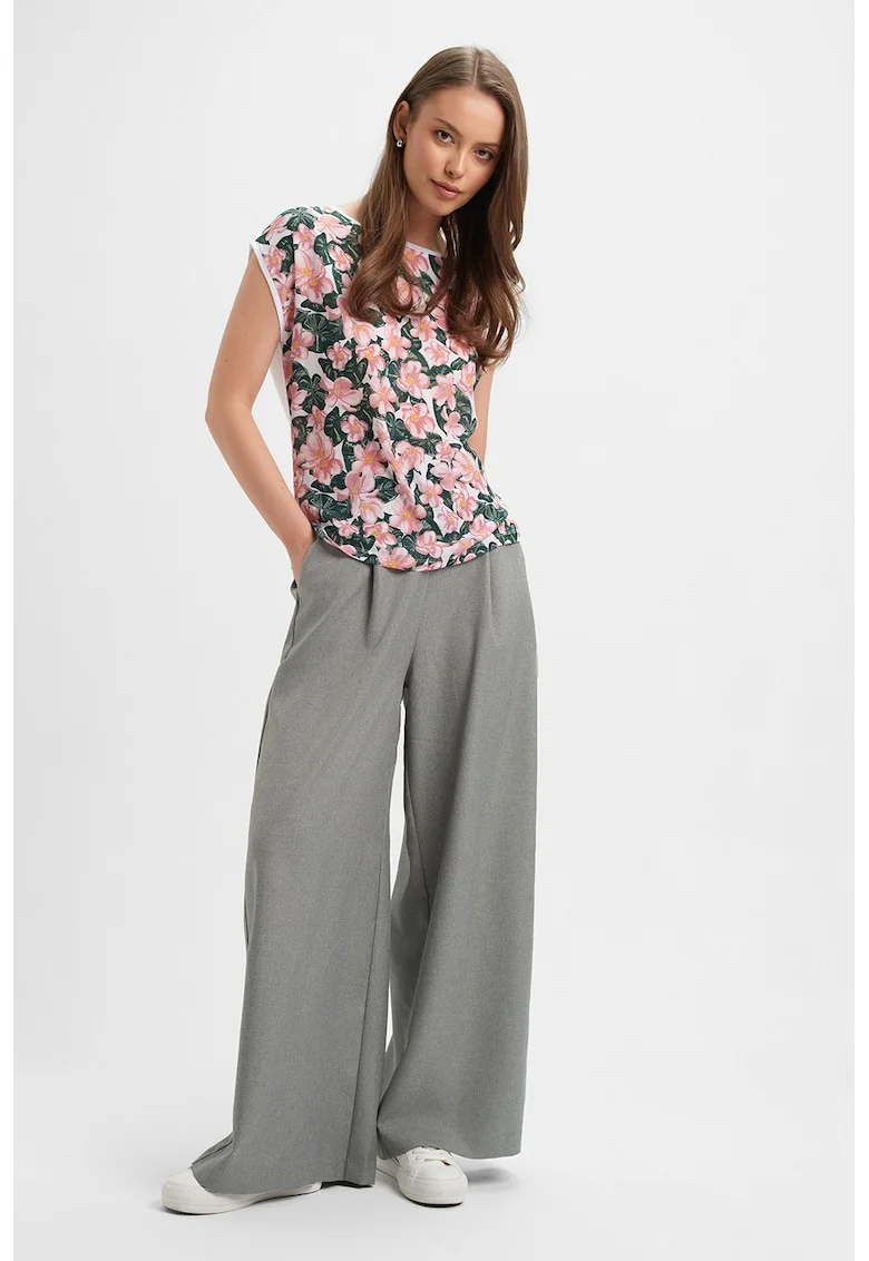 Bluza cu maneci scurte si imprimeu floral, Alb/Verde englez/Roz