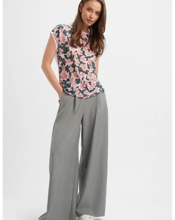 Bluza cu maneci scurte si imprimeu floral, Alb/Verde englez/Roz
