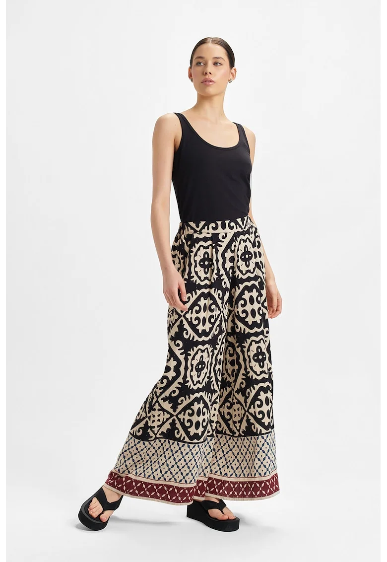 Pantaloni palazzo cu model, Negru/Bej sampanie