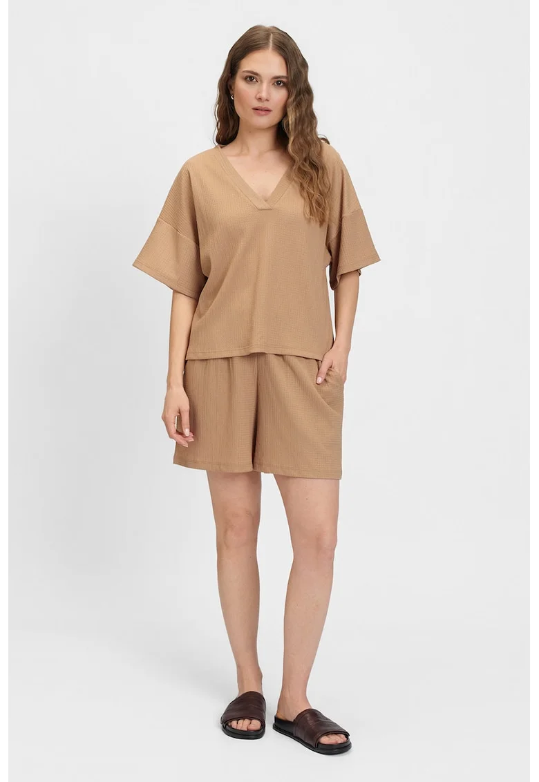 Bluza lejera cu decolteu in V, Maro deschis