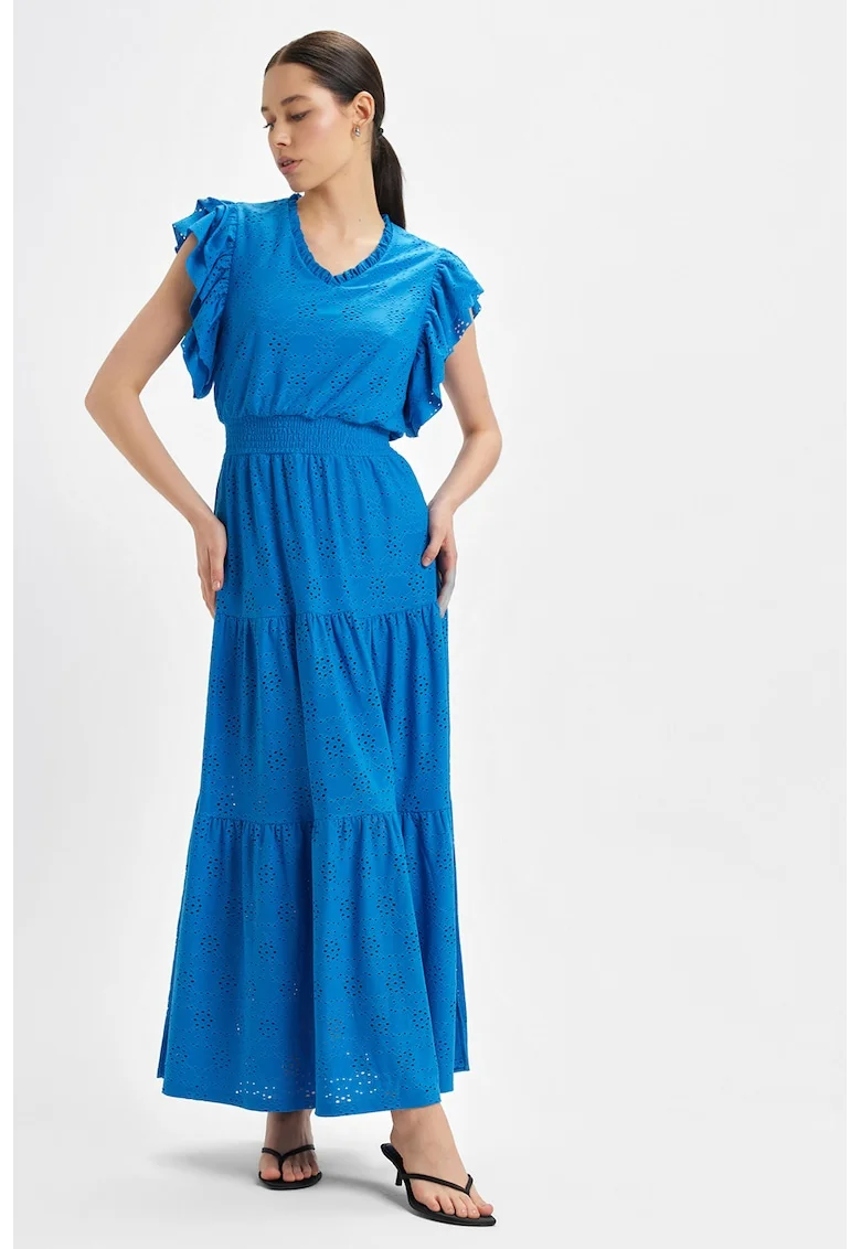 Rochie cu decolteu in V si broderie Sangallo, Albastru royal