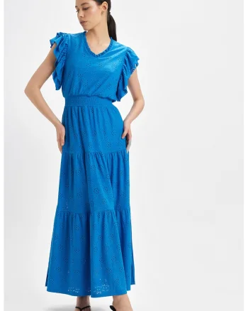Rochie cu decolteu in V si broderie Sangallo, Albastru royal