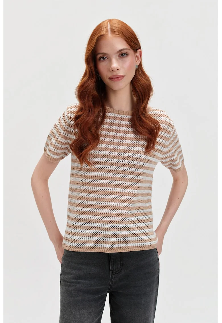 Tricou cu dungi si perforatii, Alb/Maro camel