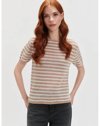 Tricou cu dungi si perforatii, Alb/Maro camel