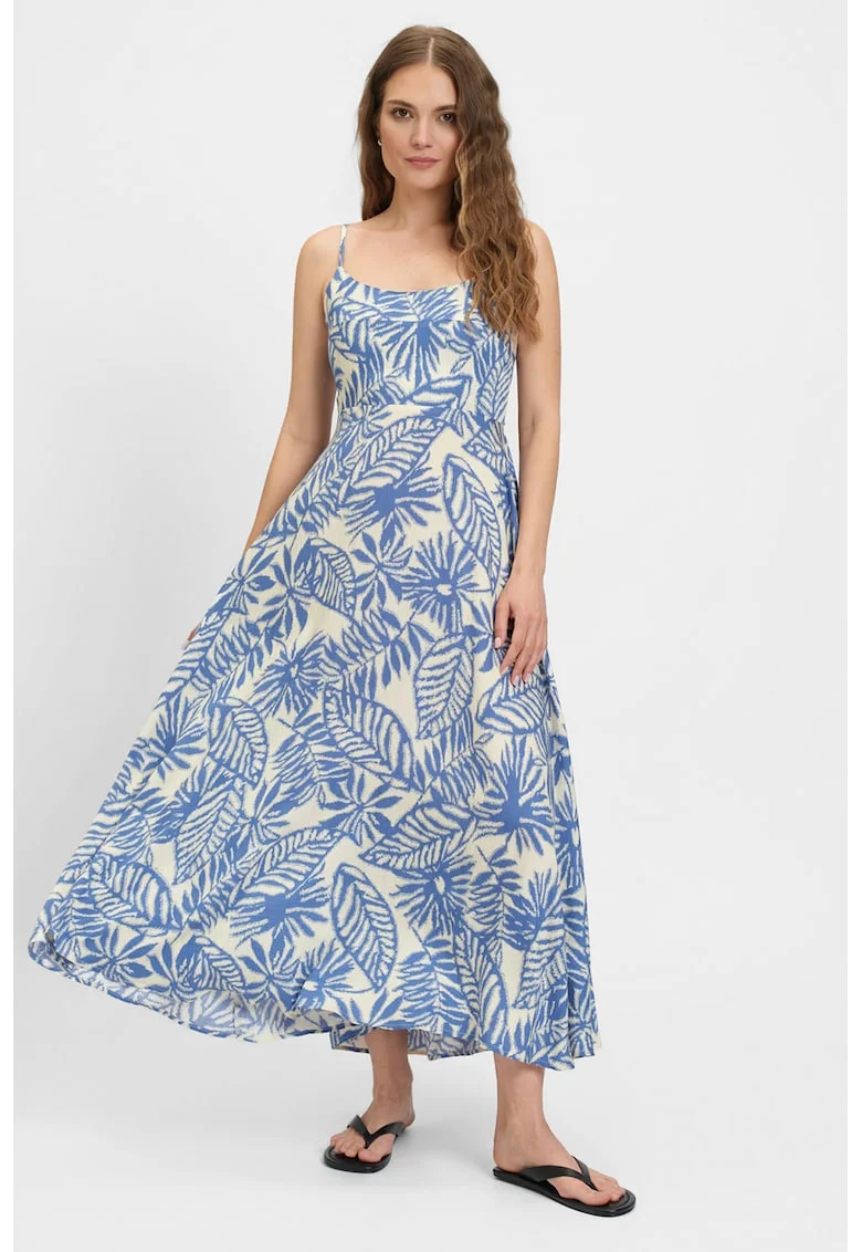 Rochie asimetrica cu imprimeu tropical, Alb/Albastru royal
