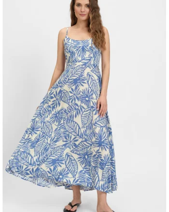 Rochie asimetrica cu imprimeu tropical, Alb/Albastru royal