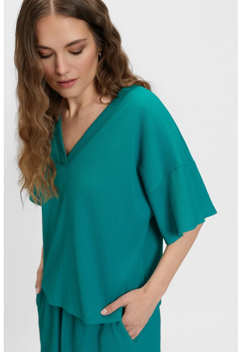 Bluza lejera cu decolteu in V, Albastru teal