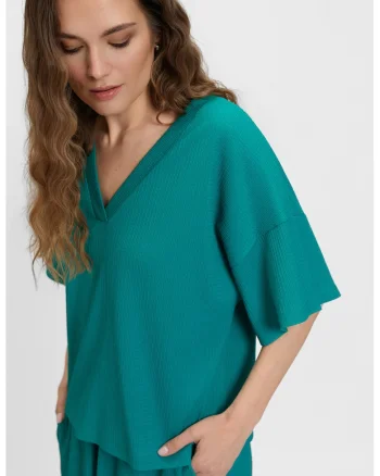 Bluza lejera cu decolteu in V, Albastru teal
