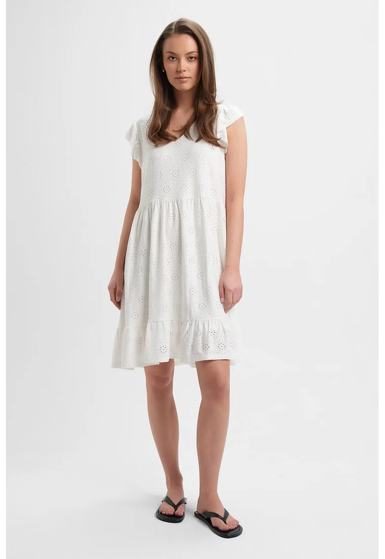 Rochie cu maneci scurte si broderie Sangallo, Alb
