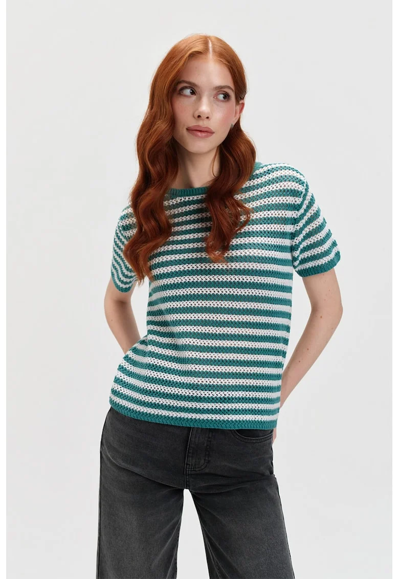 Tricou cu dungi si perforatii, Alb/Verde smarald