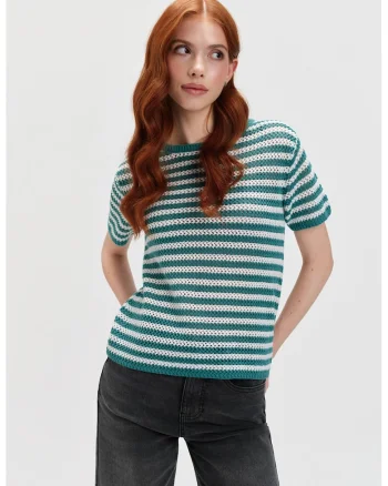 Tricou cu dungi si perforatii, Alb/Verde smarald