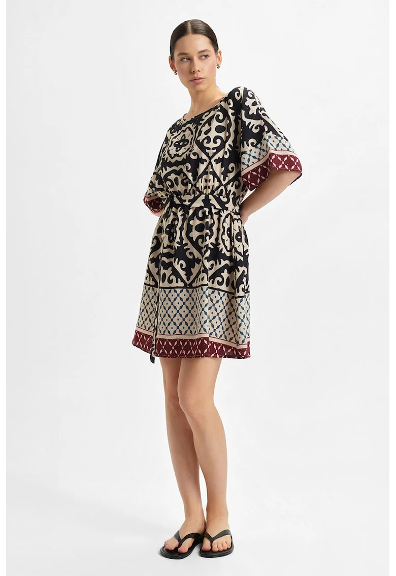 Rochie scurta cu model, Negru/Bej sampanie