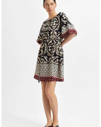Rochie scurta cu model, Negru/Bej sampanie