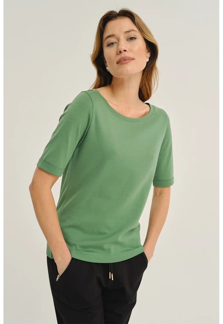 Bluza uni cu maneci medii si decolteu barcuta, Verde stins