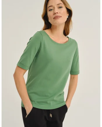 Bluza uni cu maneci medii si decolteu barcuta, Verde stins