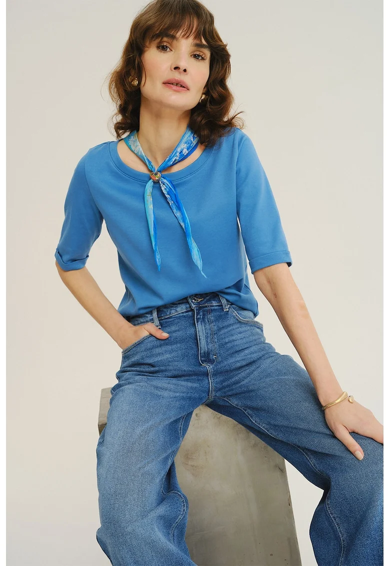 Bluza uni cu maneci medii si decolteu barcuta, Albastru cobalt