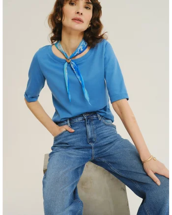 Bluza uni cu maneci medii si decolteu barcuta, Albastru cobalt
