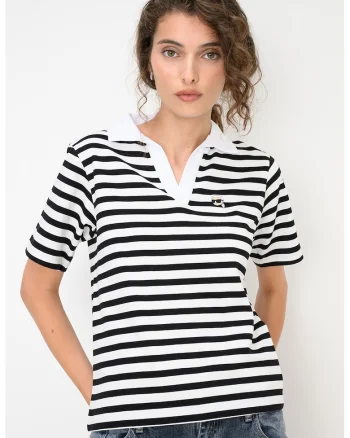 Tricou regular fit polo din bumbac cu model in dungi, Alb/Negru